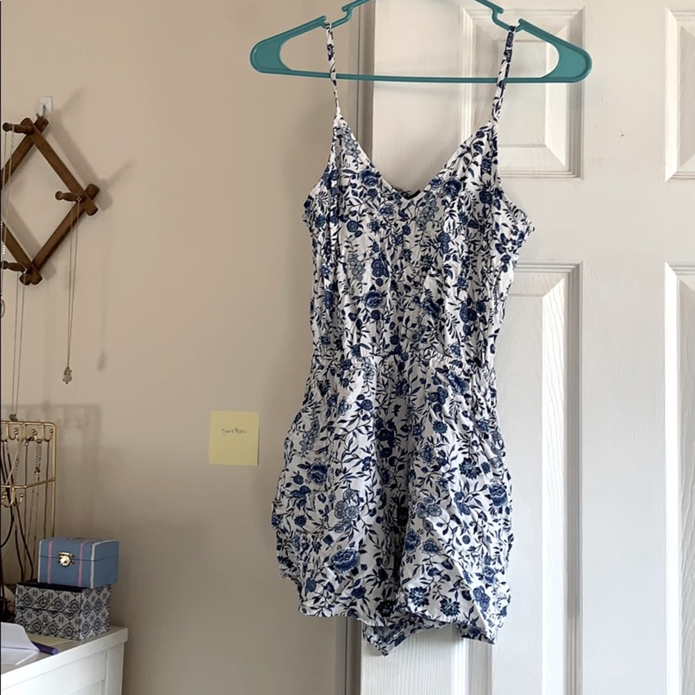 Blue and White Floral Romper